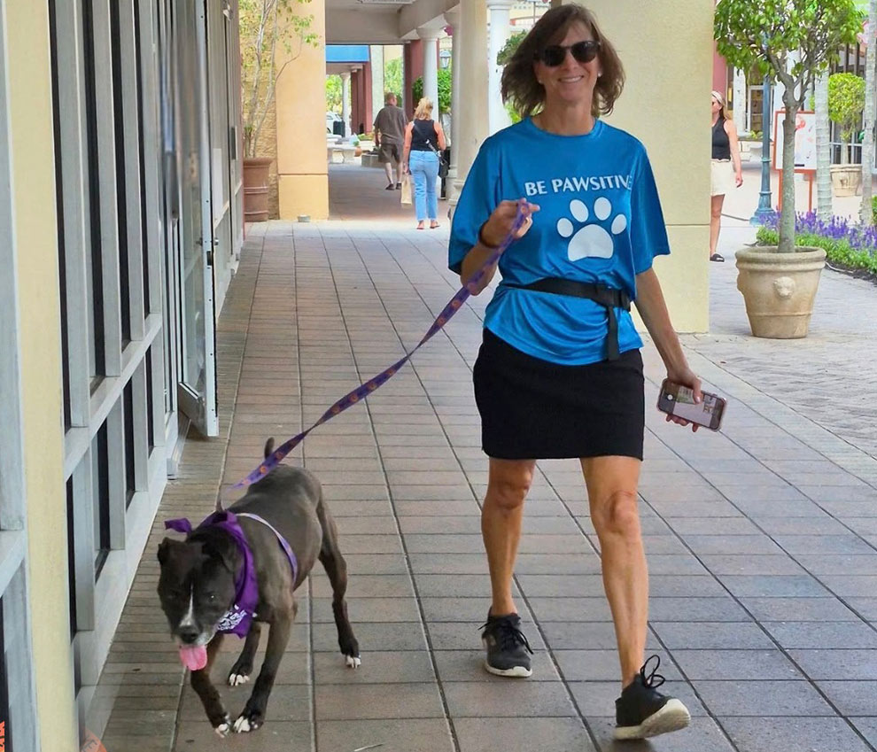 Volunteer with the Gulf Coast Humane Society walking a dog
